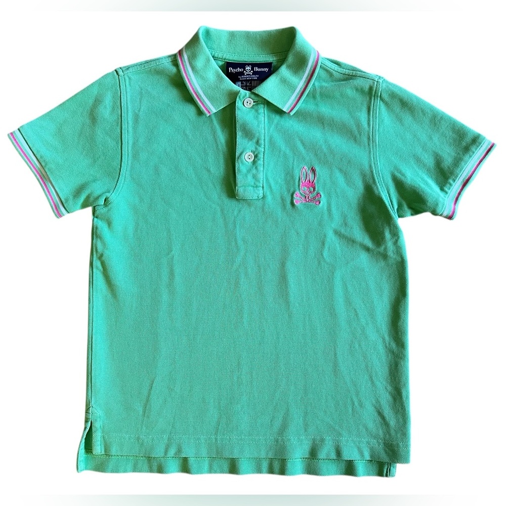 PSYCHO BUNNY Boys Noah Polo Green Pink Logo Golf Shirt Preppy Sz 7/8 Youth